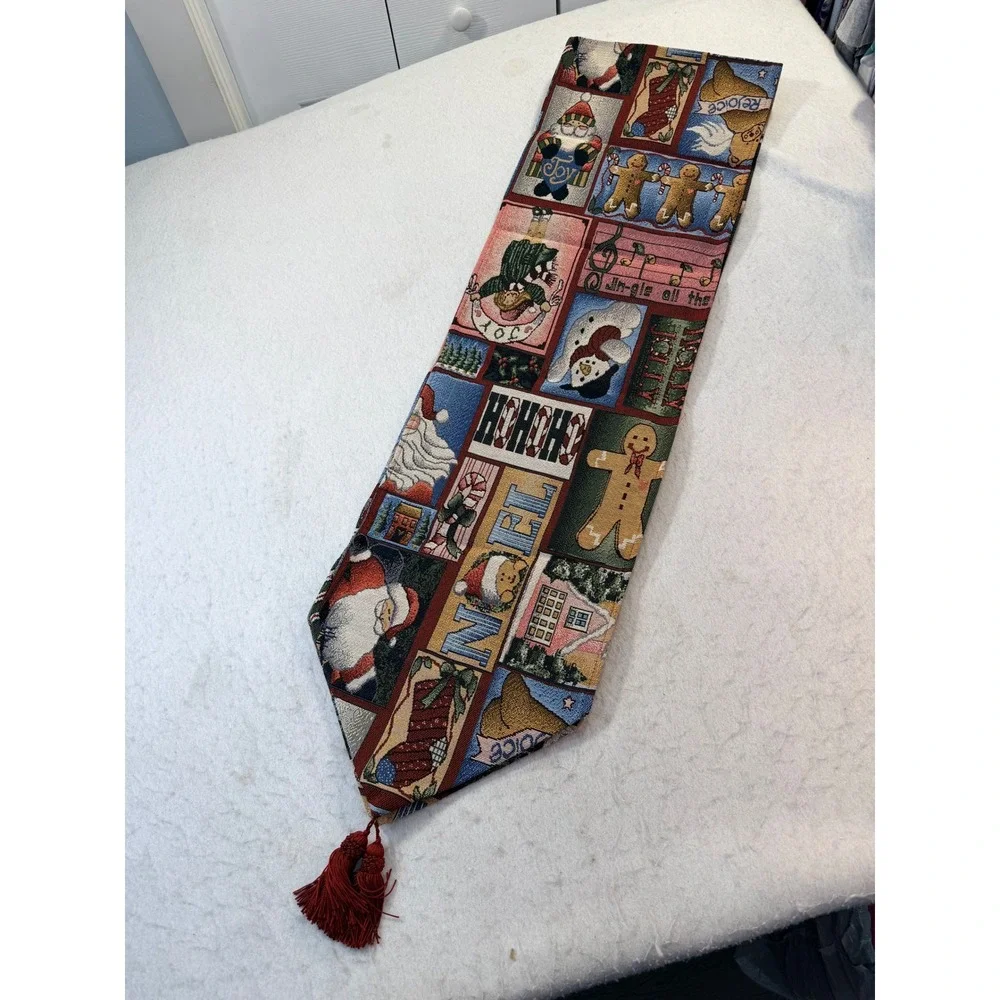 Christmas Tapestry Table Runner Santa Gingerbread Snowman Noel Woven Tassels 82